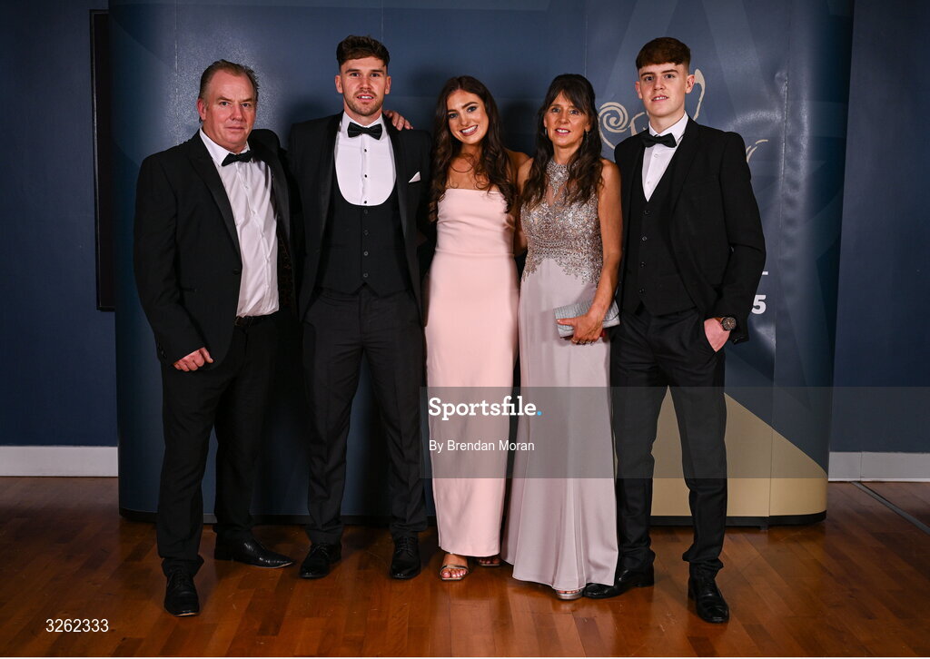 17 October 2025; Attendees, from left, Sean Nolan, Carlow hurler Chris Nolan, Laura Murphy, Lisa Nolan and Kyle Nolan upon arrival at the GAA Champion 15 Awards ceremony at Croke Park in Dublin. Photo by Brendan Moran/Sportsfile