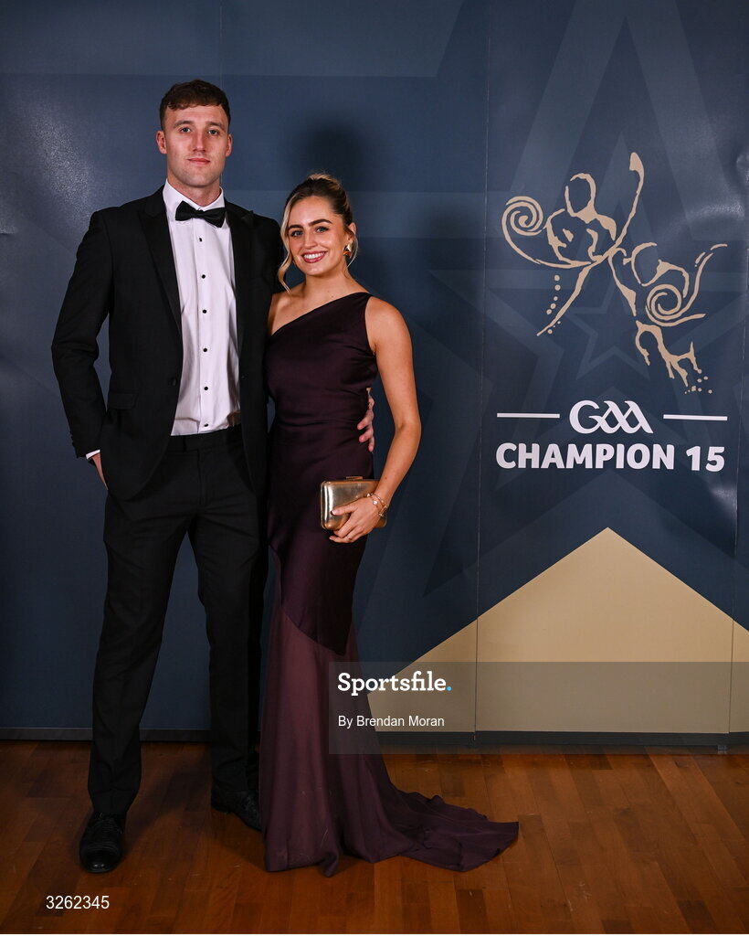 17 October 2025; Kildare footballer Darragh Kirwan with Aoife O'Reilly upon arrival at the GAA Champion 15 Awards ceremony at Croke Park in Dublin. Photo by Brendan Moran/Sportsfile
