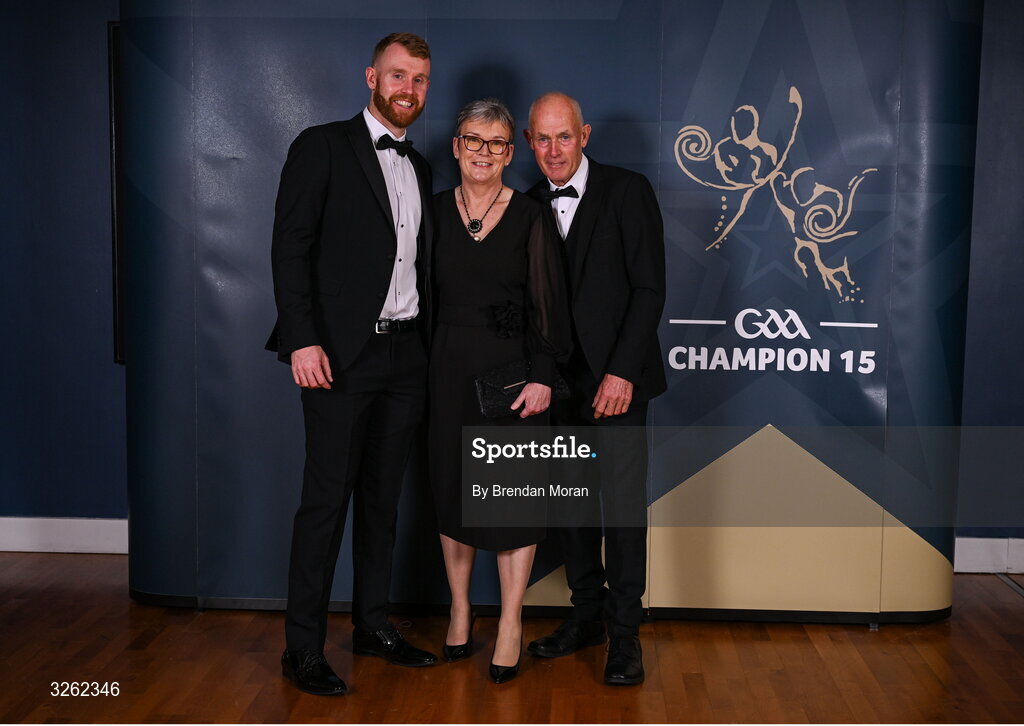 17 October 2025; Carlow hurler Paul Doyle, Jackie Doyle and Dan Doyle upon arrival at the GAA Champion 15 Awards ceremony at Croke Park in Dublin. Photo by Brendan Moran/Sportsfile
