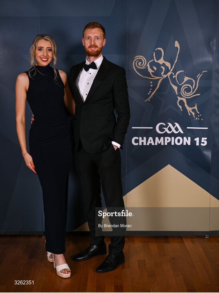 17 October 2025; London hurler Conor Byrne with Sinéad Costello upon arrival at the GAA Champion 15 Awards ceremony at Croke Park in Dublin. Photo by Brendan Moran/Sportsfile