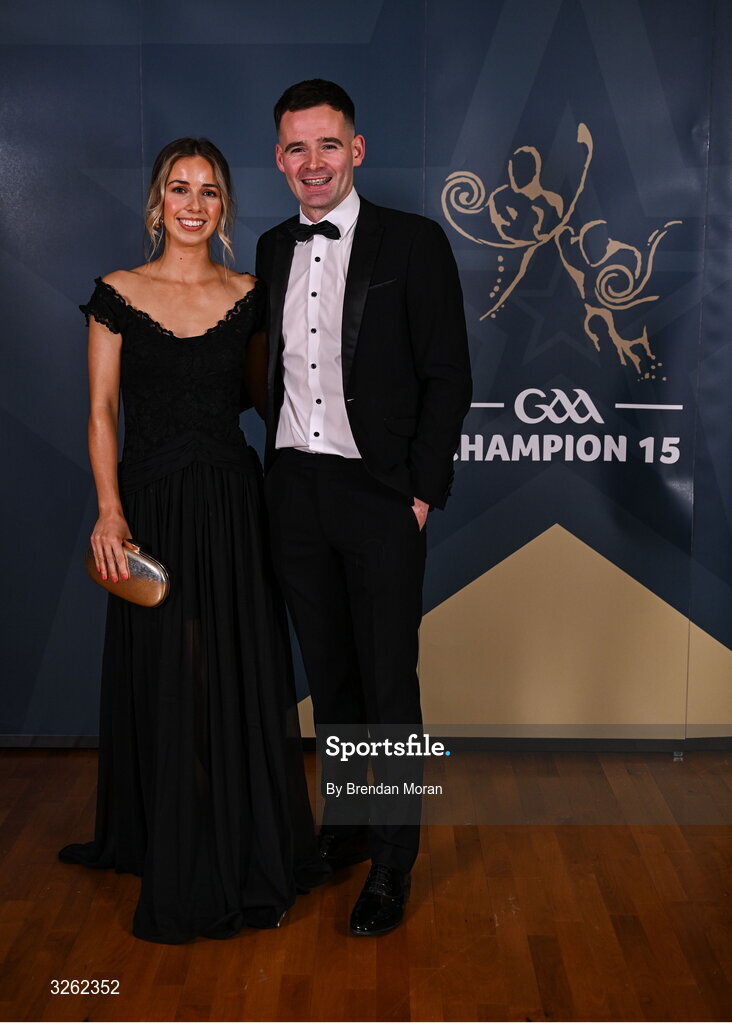 17 October 2025; Carlow hurler Martin Kavanagh with Orla Bolger upon arrival at the GAA Champion 15 Awards ceremony at Croke Park in Dublin. Photo by Brendan Moran/Sportsfile