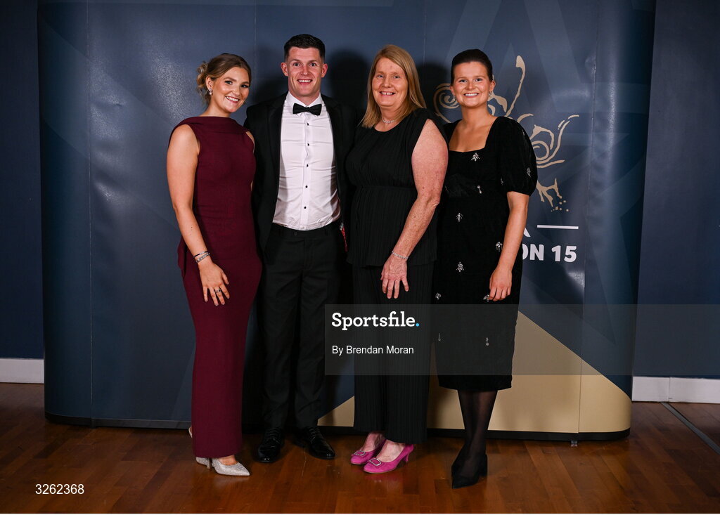 17 October 2025; Limerick footballer Iain Corbett, with Laura, Breda and Sarah Corbett upon arrival at the GAA Champion 15 Awards ceremony at Croke Park in Dublin. Photo by Brendan Moran/Sportsfile