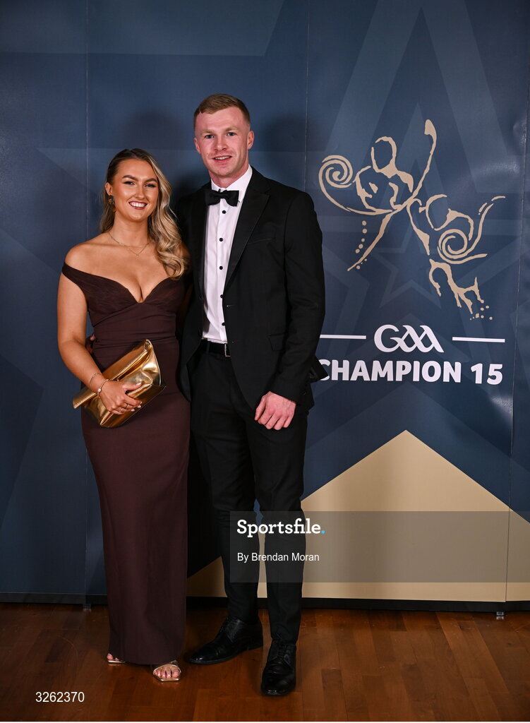 17 October 2025; Laois hurler Pádraig Delaney and Róisín Phelan upon arrival at the GAA Champion 15 Awards ceremony at Croke Park in Dublin. Photo by Brendan Moran/Sportsfile
