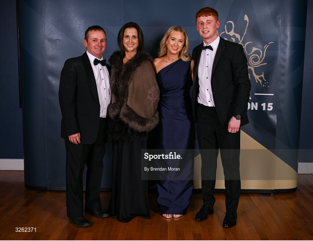 17 October 2025; Attendees, from left, Darragh O'Neill, Gráinne O'Neill Aoife Moloney and Kildare footballer Harry O'Neill upon arrival at the GAA Champion 15 Awards ceremony at Croke Park in Dublin. Photo by Brendan Moran/Sportsfile
