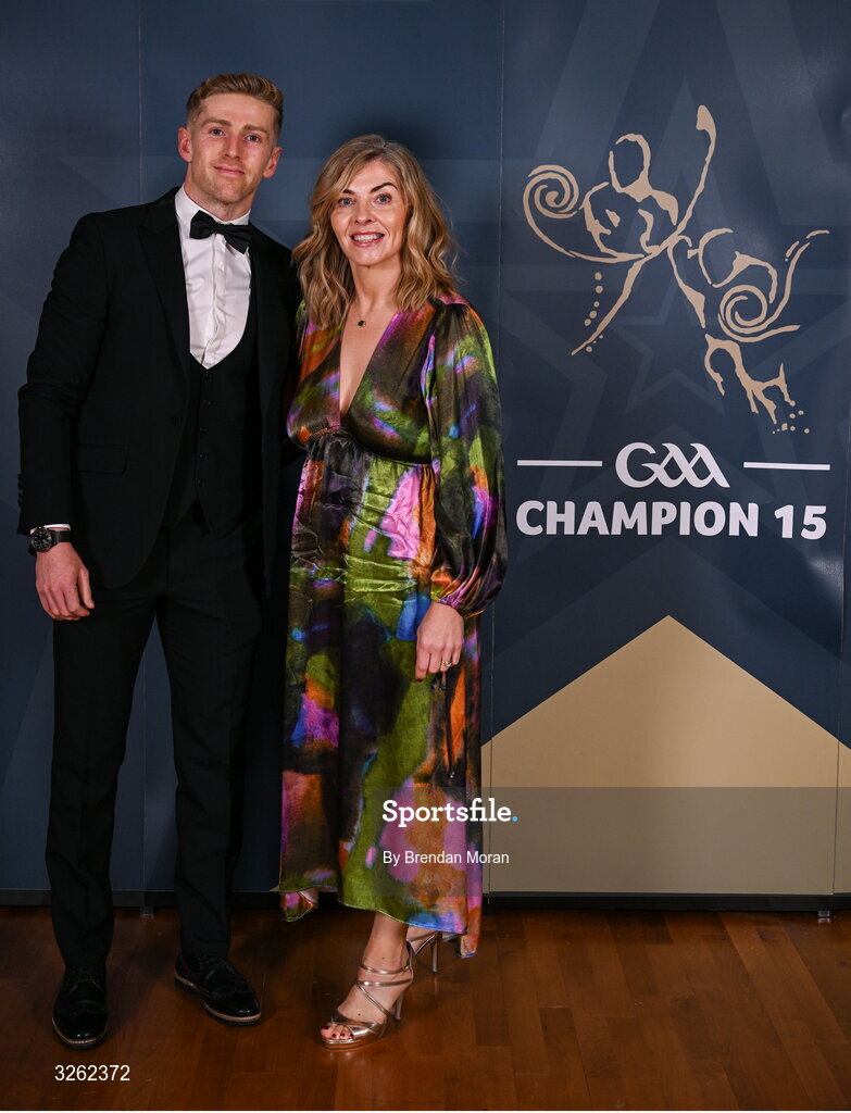 17 October 2025; Luke Loughlin of Westmeath with Oonagh Murtagh upon arrival at the GAA Champion 15 Awards ceremony at Croke Park in Dublin. Photo by Brendan Moran/Sportsfile