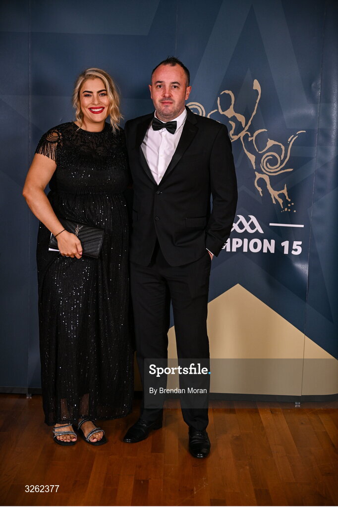 17 October 2025; Áine Dempsey and Richie Hartnett upon arrival at the GAA Champion 15 Awards ceremony at Croke Park in Dublin. Photo by Brendan Moran/Sportsfile