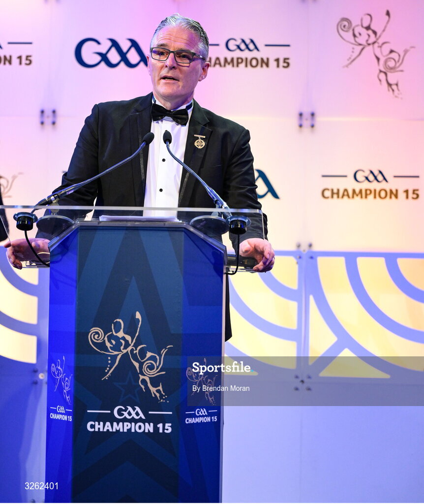 17 October 2025; Uachtarán Chumann Lúthchleas Gael Jarlath Burns during the GAA Champion 15 Awards ceremony at Croke Park in Dublin. Photo by Brendan Moran/Sportsfile
