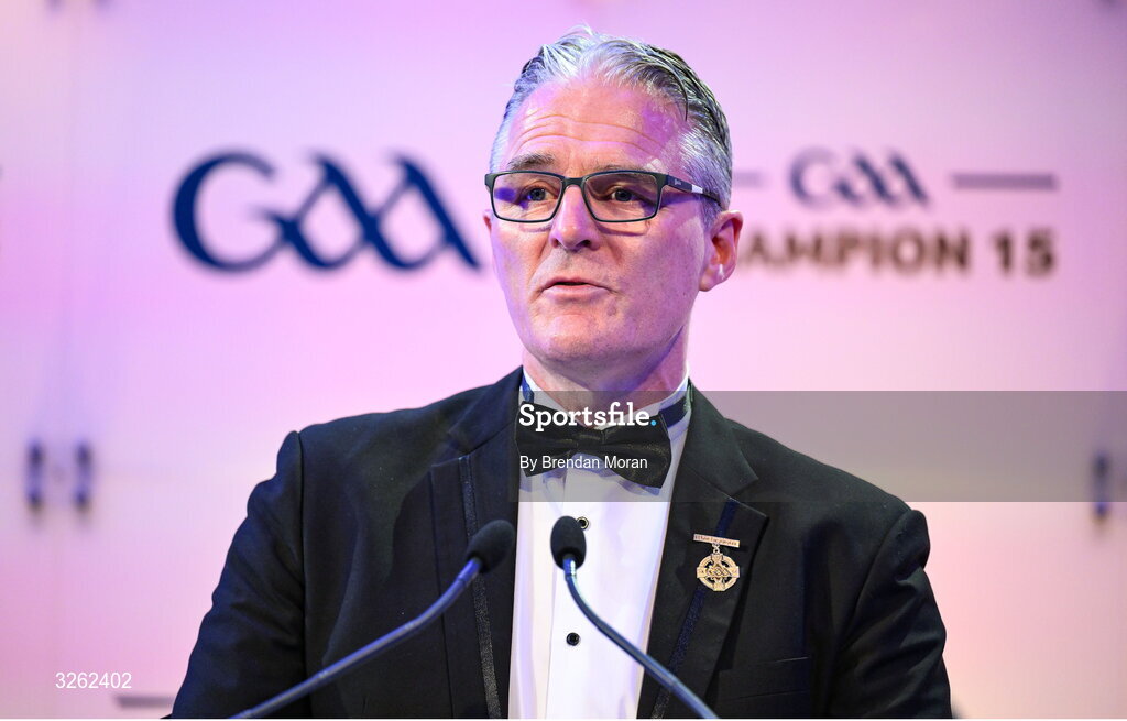17 October 2025; Uachtarán Chumann Lúthchleas Gael Jarlath Burns during the GAA Champion 15 Awards ceremony at Croke Park in Dublin. Photo by Brendan Moran/Sportsfile