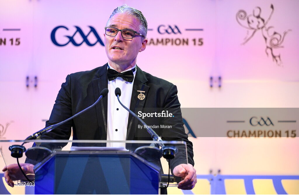 17 October 2025; Uachtarán Chumann Lúthchleas Gael Jarlath Burns during the GAA Champion 15 Awards ceremony at Croke Park in Dublin. Photo by Brendan Moran/Sportsfile
