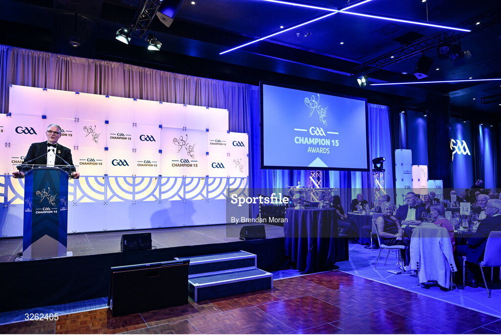 17 October 2025; Uachtarán Chumann Lúthchleas Gael Jarlath Burns during the GAA Champion 15 Awards ceremony at Croke Park in Dublin. Photo by Brendan Moran/Sportsfile