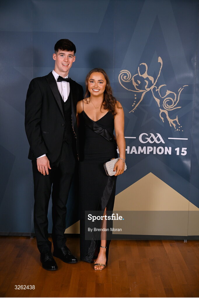 17 October 2025; Derry hurler Ruairí Ó Mianáin with Laura Devlin upon arrival at the GAA Champion 15 Awards ceremony at Croke Park in Dublin. Photo by Brendan Moran/Sportsfile