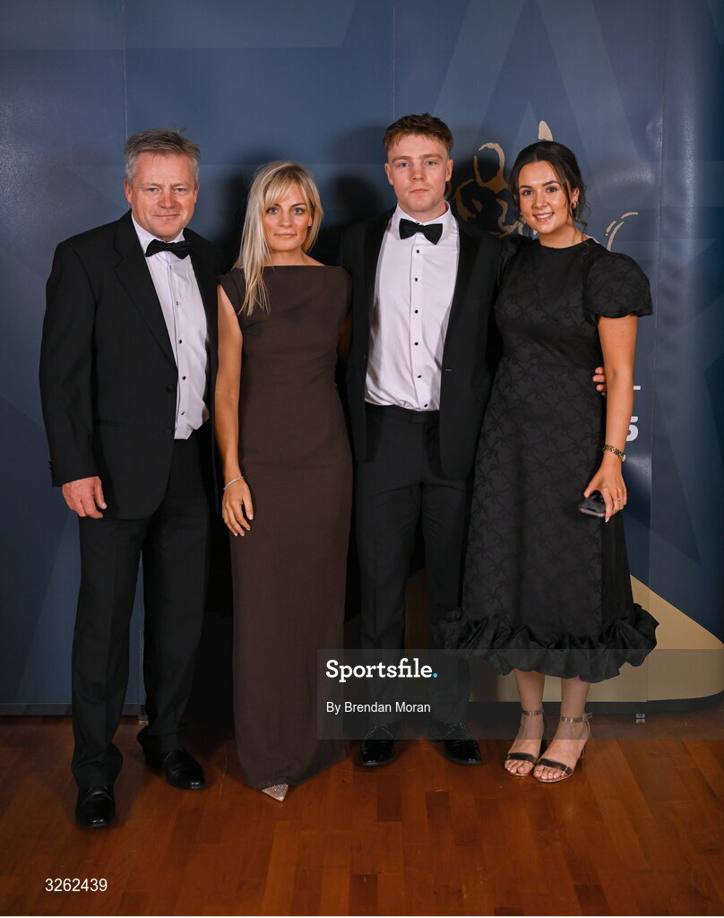 17 October 2025; Attendees, from left, Clive Leacy, Karen Leacy, Kildare hurler Simon Leacy and Lily O'Flaherty upon arrival at the GAA Champion 15 Awards ceremony at Croke Park in Dublin. Photo by Brendan Moran/Sportsfile