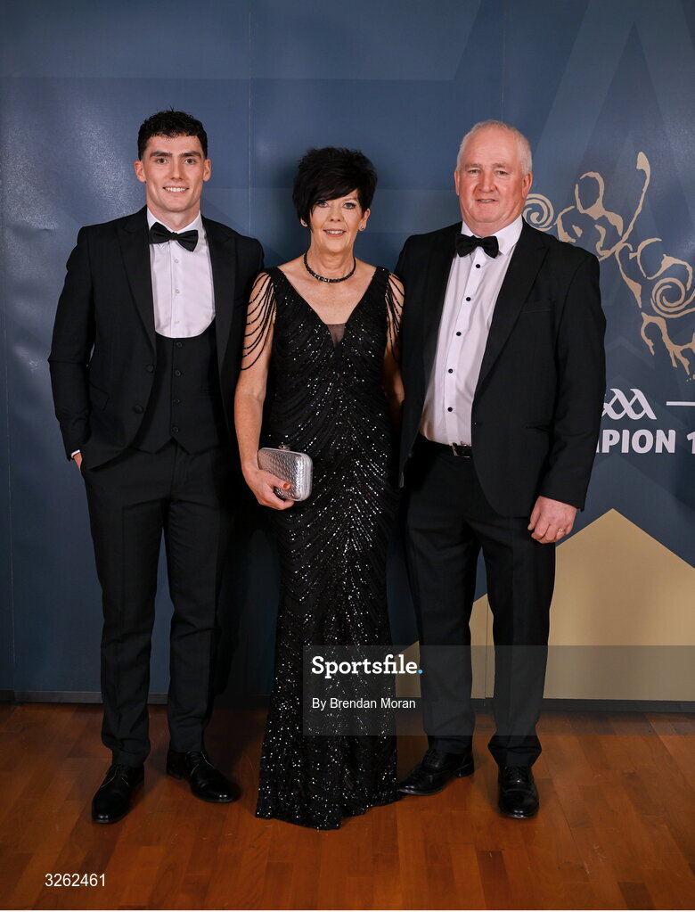 17 October 2025; Roscommon hurler Conor Cosgrove with Rita and Pete Cosgrove upon arrival at the GAA Champion 15 Awards ceremony at Croke Park in Dublin. Photo by Brendan Moran/Sportsfile