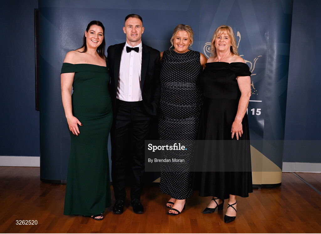 17 October 2025; Attendees, from left, Jennifer Lyons, Wicklow footballer Dean Healy, Aimi Healy and Caroline Kelly upon arrival at the GAA Champion 15 Awards ceremony at Croke Park in Dublin. Photo by Brendan Moran/Sportsfile