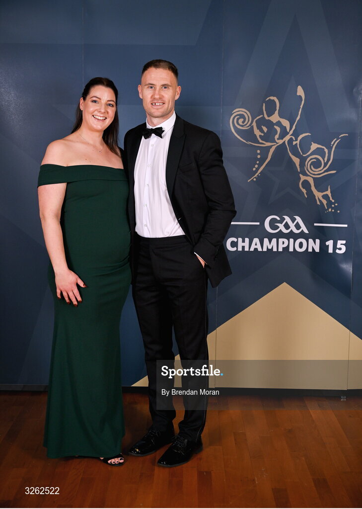 17 October 2025; Wicklow footballer Dean Healy with Jennifer Lyons upon arrival at the GAA Champion 15 Awards ceremony at Croke Park in Dublin. Photo by Brendan Moran/Sportsfile