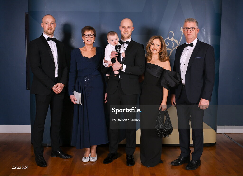 17 October 2025; Attendees, from left, Che Cullen, Mary Cullen, Lee Cullen with Fionán Cullen, Gemma Cullen and Brendan Cullen upon arrival at the GAA Champion 15 Awards ceremony at Croke Park in Dublin. Photo by Brendan Moran/Sportsfile