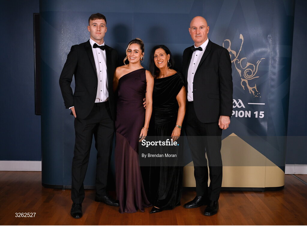 17 October 2025; Attendees, from left, Kildare footballer Darragh Kirwan, Aoife O'Reilly, Niamh Kirwan and Cormac Kirwan upon arrival at the GAA Champion 15 Awards ceremony at Croke Park in Dublin. Photo by Brendan Moran/Sportsfile