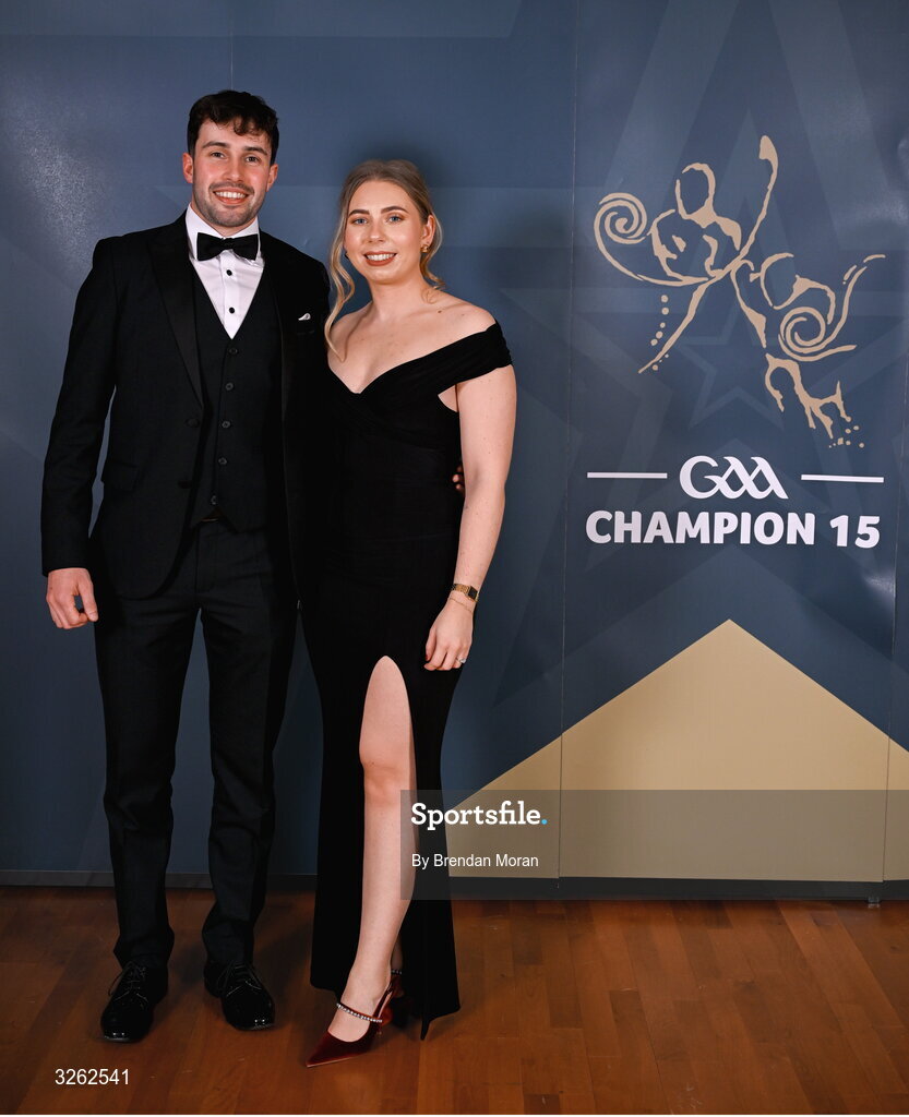 17 October 2025; Mayo hurler Daniel Huane with Becky Springett upon arrival at the GAA Champion 15 Awards ceremony at Croke Park in Dublin. Photo by Brendan Moran/Sportsfile
