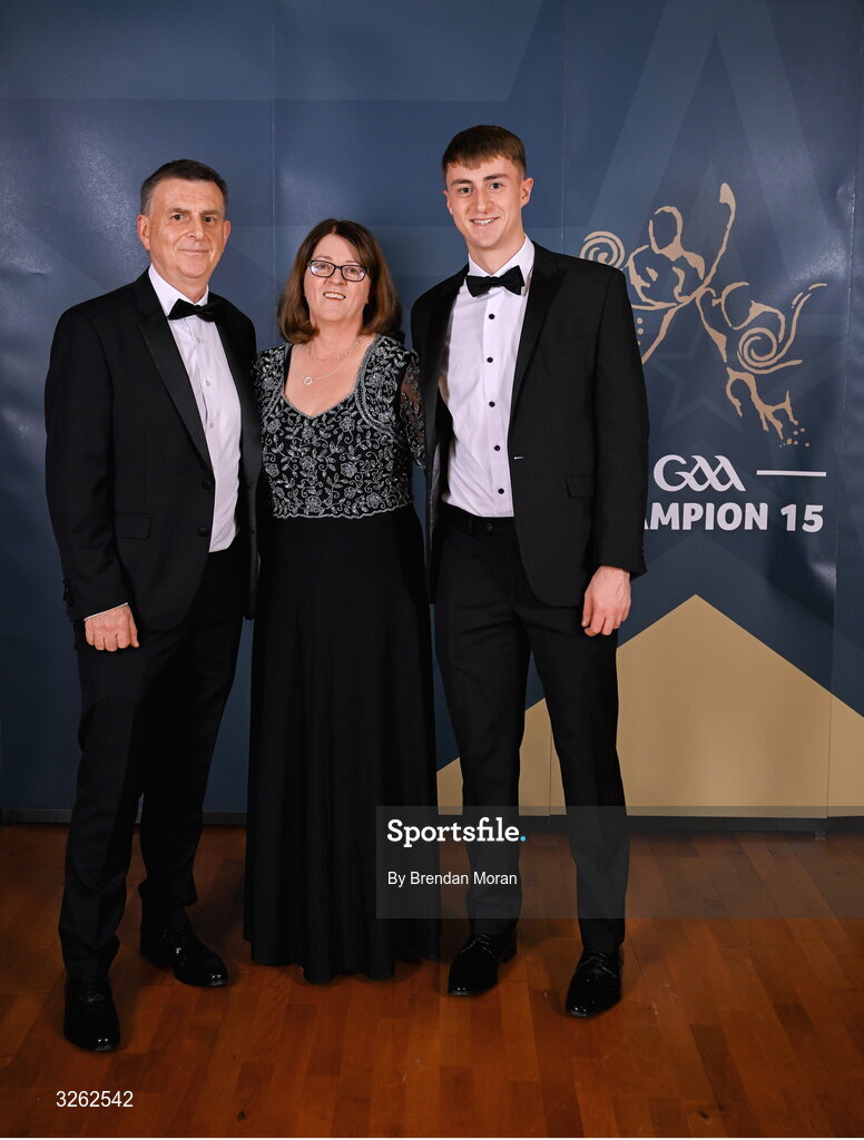 17 October 2025; Attendees, from left, Paul Qualter, Hillary Qualter and Kildare hurler David Qualter upon arrival at the GAA Champion 15 Awards ceremony at Croke Park in Dublin. Photo by Brendan Moran/Sportsfile