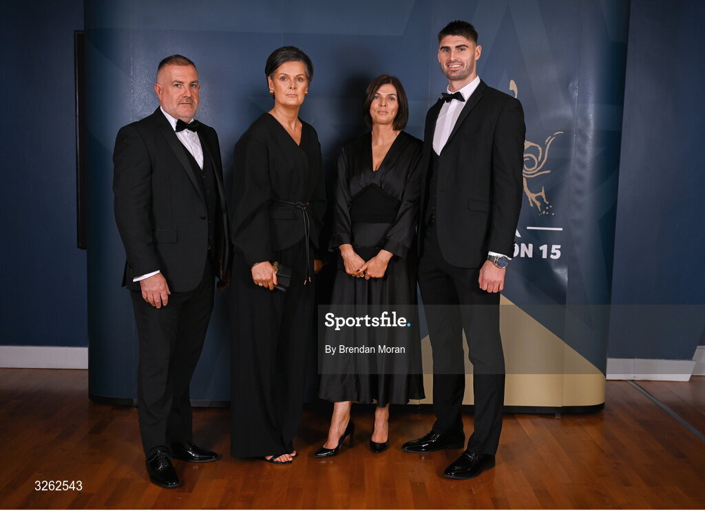 17 October 2025; Attendees, from left, Aidan Fitzgerald, Mandy Ryan, Lorraine Ryan and Limerick footballer Josh Ryan upon arrival at the GAA Champion 15 Awards ceremony at Croke Park in Dublin. Photo by Brendan Moran/Sportsfile