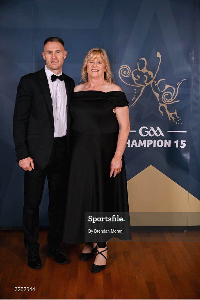 17 October 2025; Wicklow footballer Dean Healy with Caroline Kelly upon arrival at the GAA Champion 15 Awards ceremony at Croke Park in Dublin. Photo by Brendan Moran/Sportsfile