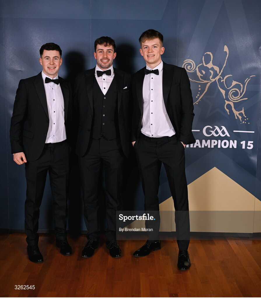 17 October 2025; Mayo hurlers from left, Liam Lavin, Daniel Huane and Oisín Greally upon arrival at the GAA Champion 15 Awards ceremony at Croke Park in Dublin. Photo by Brendan Moran/Sportsfile