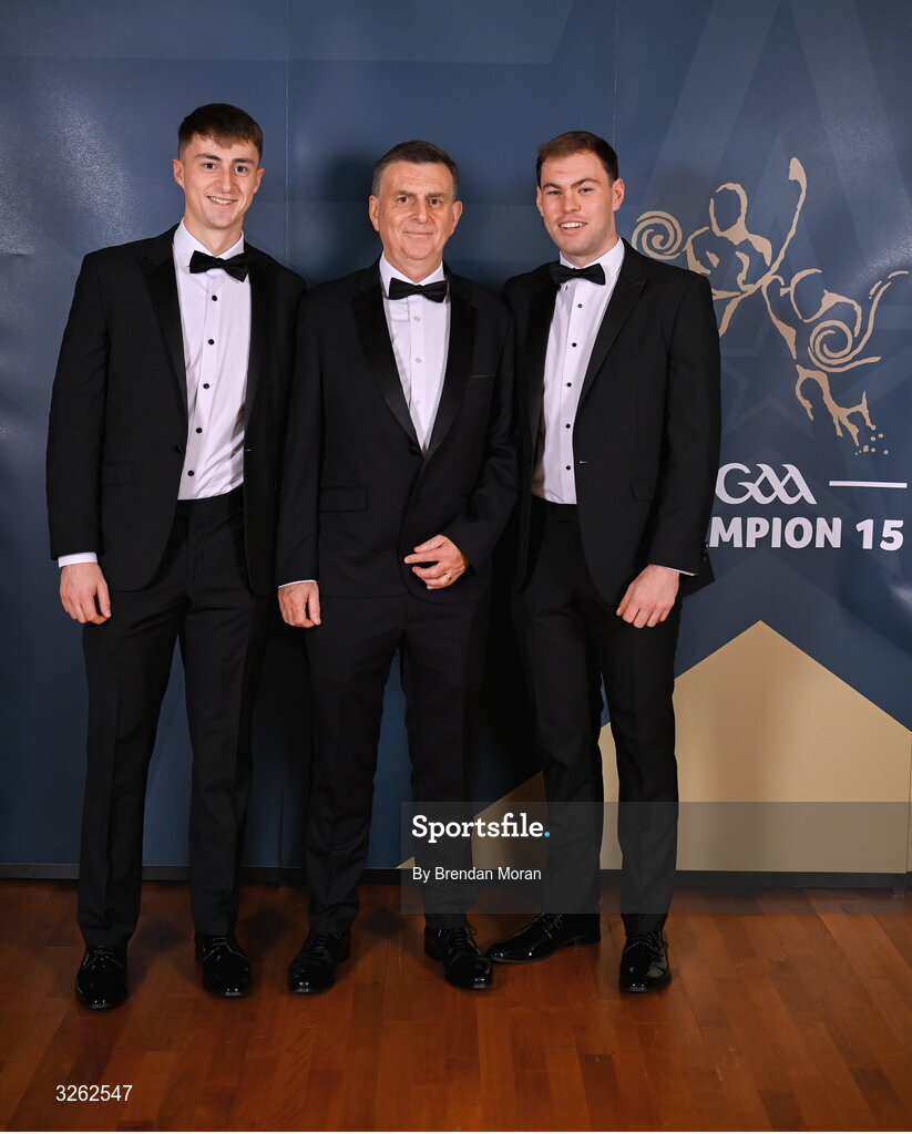 17 October 2025; Attendees, from left, David Qualter, Paul Qualter and Cathal McCabe upon arrival at the GAA Champion 15 Awards ceremony at Croke Park in Dublin. Photo by Brendan Moran/Sportsfile