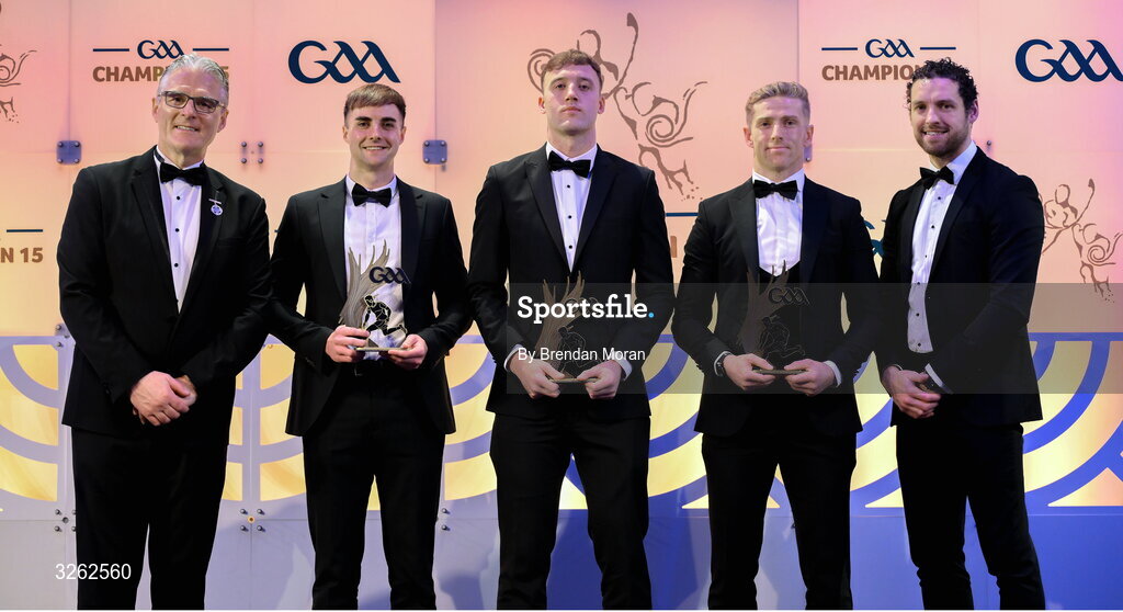17 October 2025; Uachtarán Chumann Lúthchleas Gael Jarlath Burns, left, and GPA Chief Executive Officer Tom Parsons, right, present the 2025 Tailteann Cup Team of the Year awards to Wexford footballer Sean Nolan, Kildare footballer Darragh Kirwan, centre, and Westmeath footballer Luke Loughlin during the GAA Champion 15 Awards ceremony at Croke Park in Dublin. Photo by Brendan Moran/Sportsfile