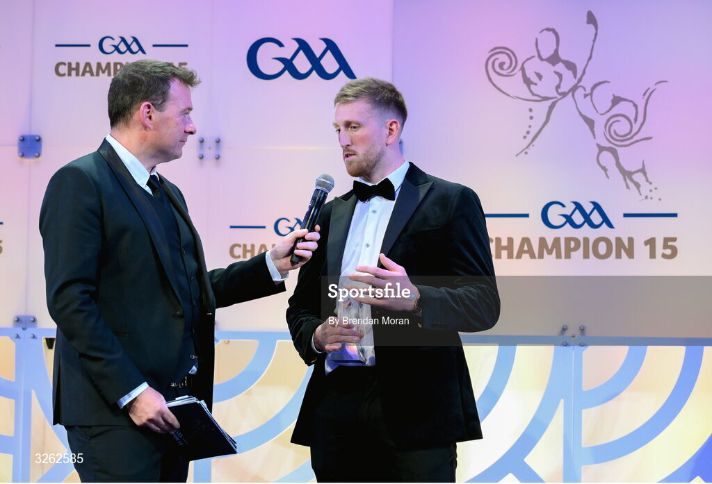 17 October 2025; Christy Ring Cup Player of the Year Sean Glynn of London is interviewed by MC Damian Lawlor during the GAA Champion 15 Awards ceremony at Croke Park in Dublin. Photo by Brendan Moran/Sportsfile