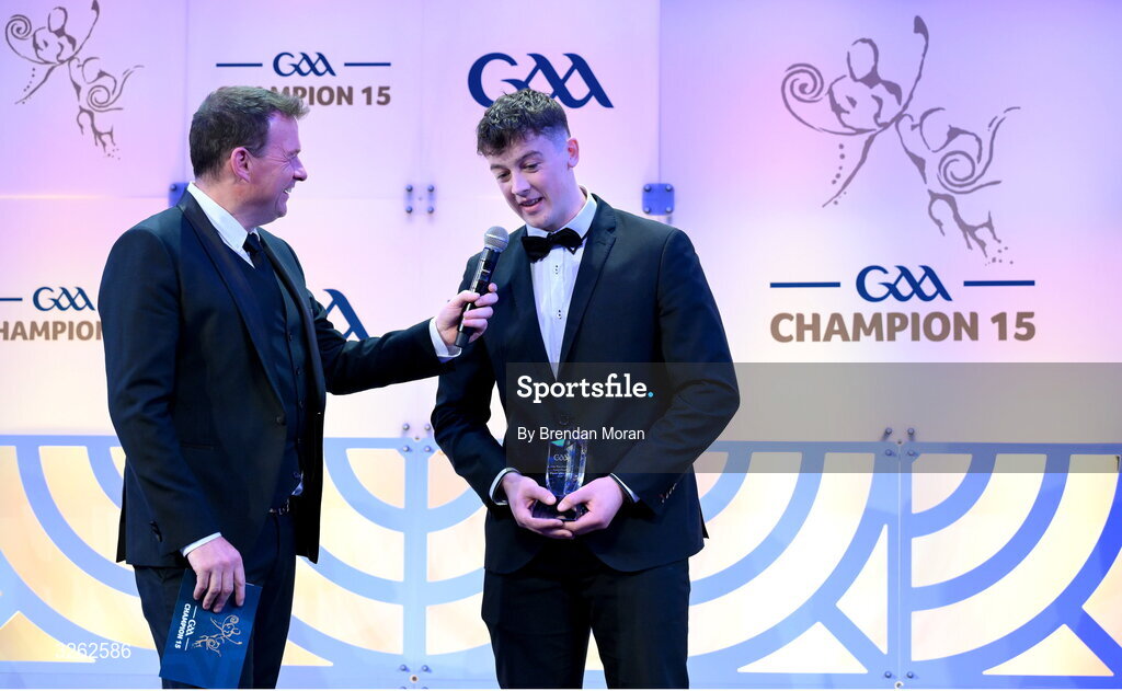 17 October 2025; Lory Meagher Cup Player of the Year Liam O'Brien of Cavan is interviewed by MC Damian Lawlor during the GAA Champion 15 Awards ceremony at Croke Park in Dublin. Photo by Brendan Moran/Sportsfile