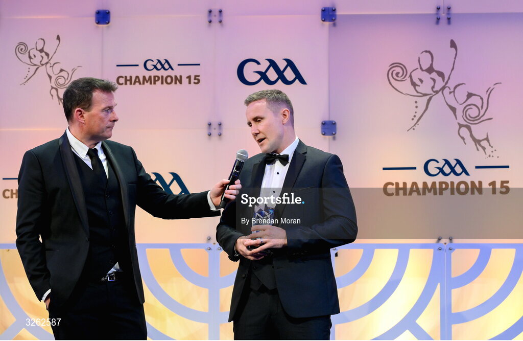 17 October 2025; Kildare football manager Brian Flanagan, right, who accepted the Tailteann Cup Player of the Year on behalf of Alex Beirne of Kildare is interviewed by MC Damian Lawlor during the GAA Champion 15 Awards ceremony at Croke Park in Dublin. Photo by Brendan Moran/Sportsfile