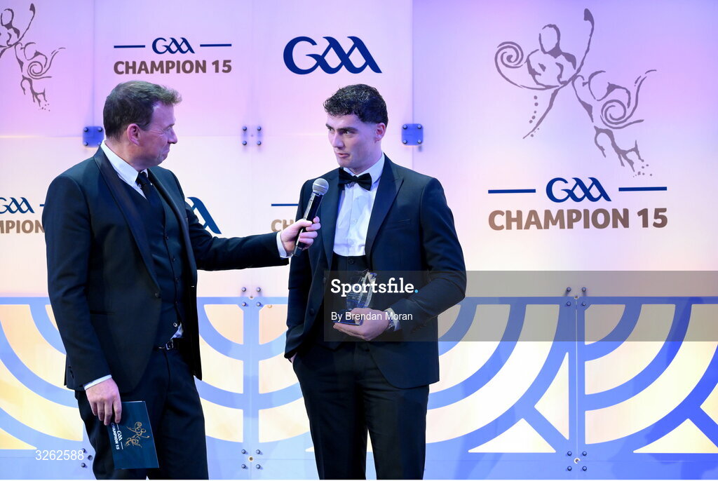17 October 2025; Nickey Rackard Cup Player of the Year Conor Cosgrove of Roscommon is interviewed by MC Damian Lawlor during the GAA Champion 15 Awards ceremony at Croke Park in Dublin. Photo by Brendan Moran/Sportsfile