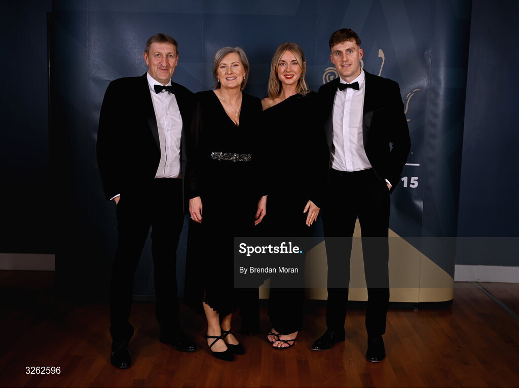 17 October 2025; Attendees, from left, David Naughton, Jennifer Naughton, Shannon Martin and Limerick footballer James Naughton upon arrival at the GAA Champion 15 Awards ceremony at Croke Park in Dublin. Photo by Brendan Moran/Sportsfile
