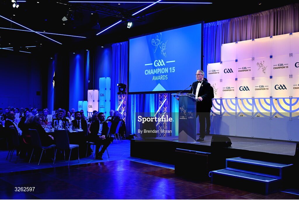 17 October 2025; Uachtarán Chumann Lúthchleas Gael Jarlath Burns during the GAA Champion 15 Awards ceremony at Croke Park in Dublin. Photo by Brendan Moran/Sportsfile