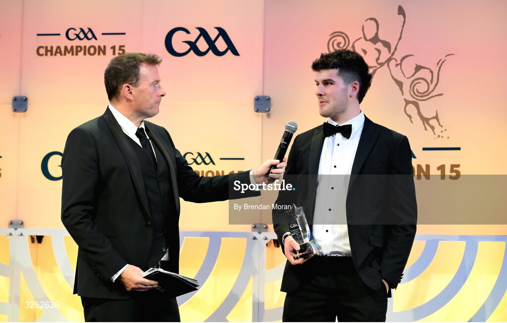 17 October 2025; Joe McDonagh Cup Player of the Year Cian Boran of Kildare is interviewed by MC Damian Lawlor during the GAA Champion 15 Awards ceremony at Croke Park in Dublin. Photo by Brendan Moran/Sportsfile