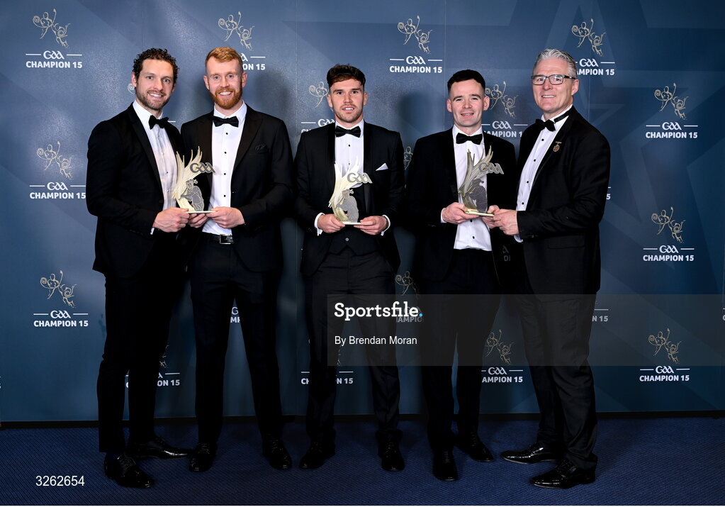 17 October 2025; GPA Chief Executive Officer Tom Parsons, left, and Uachtarán Chumann Lúthchleas Gael Jarlath Burns, right, present Carlow hurlers, from left, Paul Doyle, Chris Nolan and Martin Kavanagh with their Joe McDonagh Cup of the Year Awards during the GAA Champion 15 Awards ceremony at Croke Park in Dublin. Photo by Brendan Moran/Sportsfile