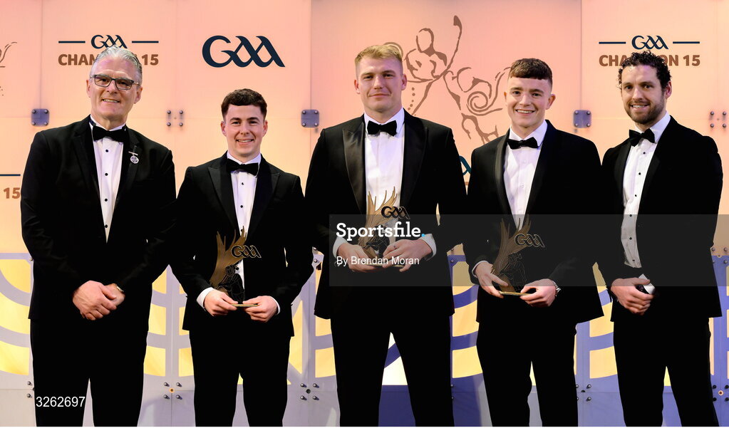 17 October 2025; Uachtarán Chumann Lúthchleas Gael Jarlath Burns, left, and GPA Chief Executive Officer Tom Parsons, right, present hurlers Liam Lavin of Mayo, Pádraig Doyle of Wicklow and Sean Canning of Roscommon with their 2025 Ring, Rackard, and Meagher Team of the Year awards during the GAA Champion 15 Awards ceremony at Croke Park in Dublin. Photo by Brendan Moran/Sportsfile