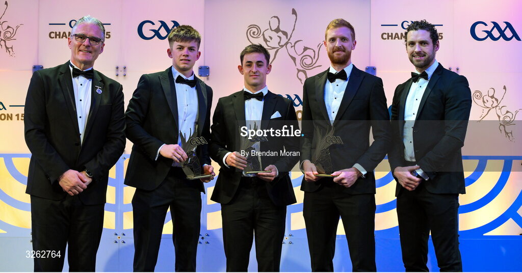 17 October 2025; Uachtarán Chumann Lúthchleas Gael Jarlath Burns, left, and GPA Chief Executive Officer Tom Parsons, right, present, Mayo hurler Oisín Greally, second from left, Roscommon hurler Mark Ward and London hurler Conor Byrne with their 2025 Ring, Rackard, and Meagher Team of the Year awards during the GAA Champion 15 Awards ceremony at Croke Park in Dublin. Photo by Brendan Moran/Sportsfile