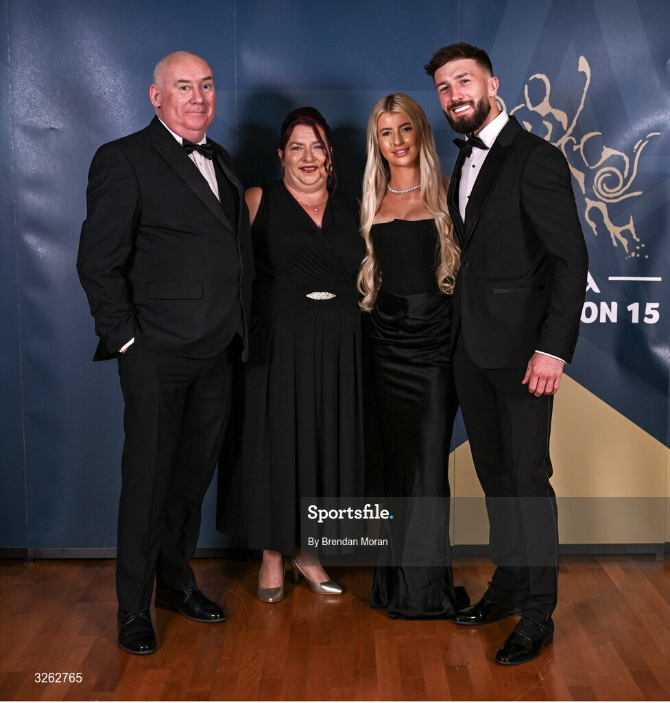 17 October 2025; Attendees, from left, Kevin Egan, Pamela Egan, Lauren Monnickendam and London hurler Enda Egan upon arrival at the GAA Champion 15 Awards ceremony at Croke Park in Dublin. Photo by Brendan Moran/Sportsfile