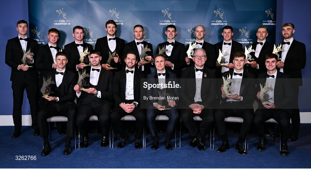 17 October 2025; 2025 Tailteann Cup Team of the Year award winners front row, from left, Danny Neville of Limerick, Josh Ryan of Limerick, GPA Chief Executive Officer Tom Parsons, Kildare football manager Brian Flanagan, representing Tailteann Cup Player of the Year Alex Beirne of Kildare, Uachtarán Chumann Lúthchleas Gael Jarlath Burns, James Naughton of Limerick and Sean Nolan of Wexford and back row, from left, Darragh Kirwan of Kildare, Harry O’Neill of Kildare, James McGrath of Kildare, Kevin Feely of Kildare, Dean Healy of Wicklow, Sam McCartan of Westmeath, Lee Cullen of Fermanagh, Iain Corbett of Limerick, Luke Loughlin of Westmeath and Malachy Stone of Wicklow during the GAA Champion 15 Awards ceremony at Croke Park in Dublin. Photo by Brendan Moran/Sportsfile
