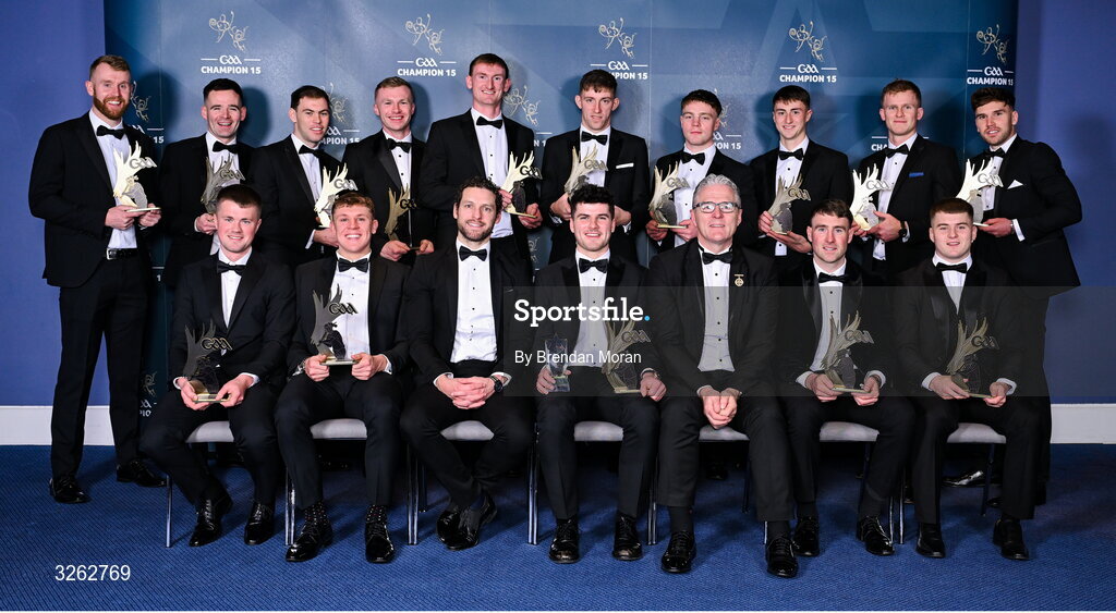 17 October 2025;  2025 Joe McDonagh Team of the Year award winners front row, from left, Cathal Dunne of Laois, Diarmaid Conway of Laois, GPA Chief Executive Officer Tom Parsons, Joe McDonagh Player of the Year Cian Boran of Kildare, Uachtarán Chumann Lúthchleas Gael Jarlath Burns, Paddy Purcell of Laois and Tomás Keyes of Laois and back row, from left, Paul Doyle of Carlow, Martin Kavanagh of Carlow, Cathal McCabe of Kildare, Pádraig Delaney of Laois, James Burke of Kildare, Jack Sheridan of Kildare, Simon Leacy of Kildare, David Qualter of Kildare, Rian Boran of Kildare and Chris Nolan of Carlow during the GAA Champion 15 Awards ceremony at Croke Park in Dublin. Photo by Brendan Moran/Sportsfile