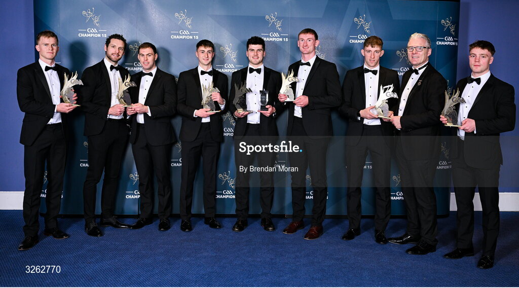 17 October 2025; GPA Chief Executive Officer Tom Parsons, second from left, and Uachtarán Chumann Lúthchleas Gael Jarlath Burns, second from right, present Kildare hurlers, from left, Rian Boran, Cathal McCabe, David Qualter, Cian Boran, James Burke, Jack Sheridan and Simon Leacy with their Joe McDonagh Cup Team of the Year Awards during the GAA Champion 15 Awards ceremony at Croke Park in Dublin. Photo by Brendan Moran/Sportsfile