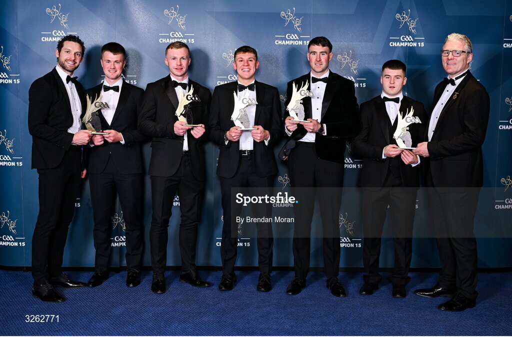 17 October 2025; Laois hurlers, from second from left; Cathal Dunne, Pádraig Delaney, Diarmaid Conway, Paddy Purcell and Tomás Keyes receive their 2025 Joe McDonagh Cup Team of the Year awards from GPA Chief Executive Officer Tom Parsons, left, and Uachtarán Chumann Lúthchleas Gael Jarlath Burns, right, during the GAA Champion 15 Awards ceremony at Croke Park in Dublin. Photo by Brendan Moran/Sportsfile