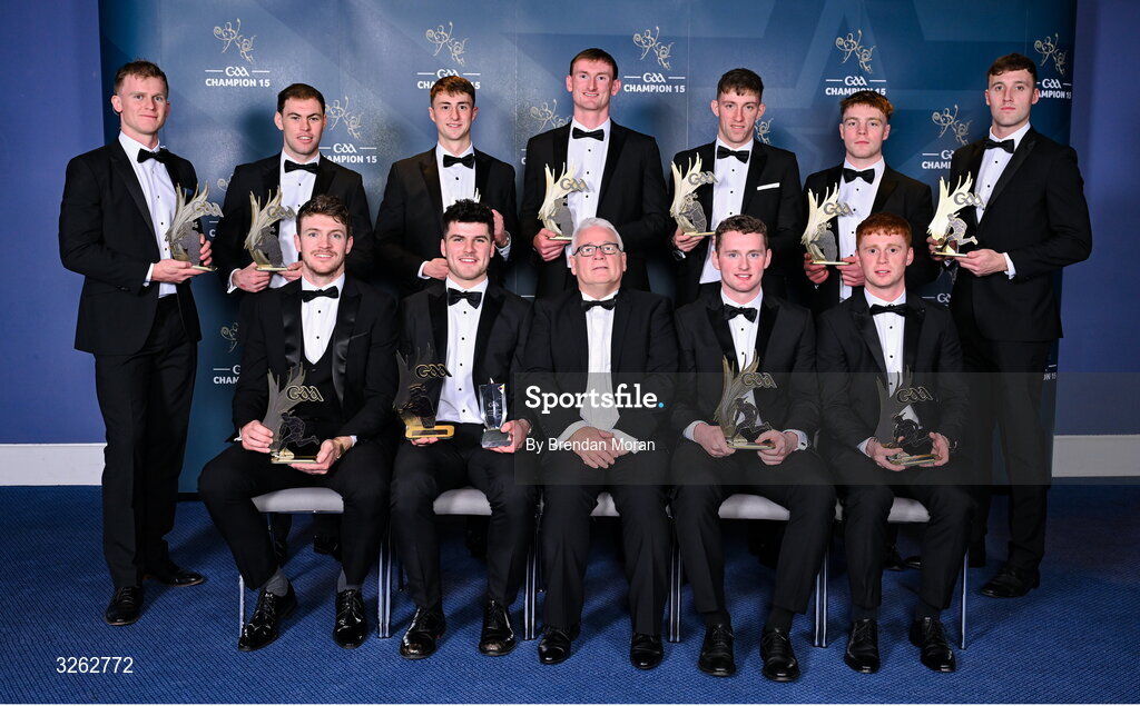 17 October 2025; Kildare award winners, back row from left, Rian Boran, Cathal McCabe, David Qualter, James Burke, Jack Sheridan, Simon Leacy and Darragh Kirwan, with front, from left, Kevin Feely, Cian Boran, KIldare County Board chairman Mick Mullen, James McGrath and Harry O'Neill during the GAA Champion 15 Awards ceremony at Croke Park in Dublin. Photo by Brendan Moran/Sportsfile