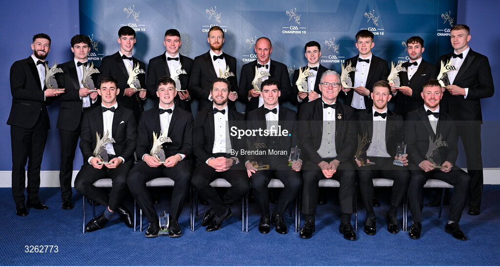 17 October 2025; 2025 Ring, Rackard, and Meagher Team of the Year award winners front row, from left, Mark Ward of Roscommon, Liam O’Brien of Cavan, GPA Chief Executive Officer Tom Parsons, Conor Cosgrove of Roscommon, Uachtarán Chumann Lúthchleas Gael Jarlath Burns, Sean Glynn of London and Enda Lawless of Roscommon and back row, from left, Enda Egan of London, Eamon Conway of Derry, Ruairí Ó Mianáin of Derry, Sean Canning of Roscommon, Conor Byrne of London, Joseph Managan, representing his son, David Mangan of New York, Liam Lavin of Mayo, Oisín Greally of Mayo, Daniel Huane of Mayo and Pádraig Doyle of Wicklow during the GAA Champion 15 Awards ceremony at Croke Park in Dublin. Photo by Brendan Moran/Sportsfile