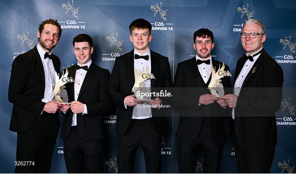 17 October 2025; Mayo hurlers, from second from left; Liam Lavin, Oisín Greally and Daniel Huane are presented with their 2025 Ring, Rackard, and Meagher Team of the Year awards by GPA Chief Executive Officer Tom Parsons, left, and Uachtarán Chumann Lúthchleas Gael Jarlath Burns, right, during the GAA Champion 15 Awards ceremony at Croke Park in Dublin. Photo by Brendan Moran/Sportsfile