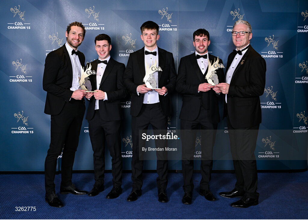 17 October 2025; Mayo hurlers, from second from left; Liam Lavin, Oisín Greally and Daniel Huane are presented with their 2025 Ring, Rackard, and Meagher Team of the Year awards by GPA Chief Executive Officer Tom Parsons, left, and Uachtarán Chumann Lúthchleas Gael Jarlath Burns, right, during the GAA Champion 15 Awards ceremony at Croke Park in Dublin. Photo by Brendan Moran/Sportsfile