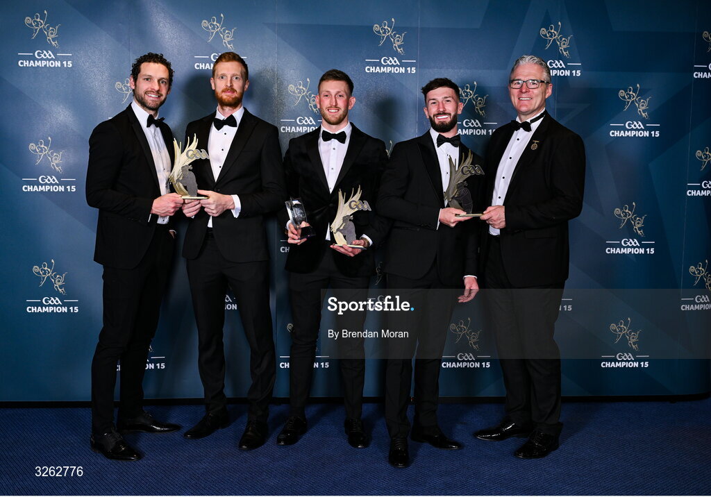 17 October 2025; London hurlers, from second from left; Conor Byrne, Sean Glynn and Enda Egan are presented with their 2025 Ring, Rackard, and Meagher Team of the Year awards by GPA Chief Executive Officer Tom Parsons, left, and Uachtarán Chumann Lúthchleas Gael Jarlath Burns, right, during the GAA Champion 15 Awards ceremony at Croke Park in Dublin. Photo by Brendan Moran/Sportsfile