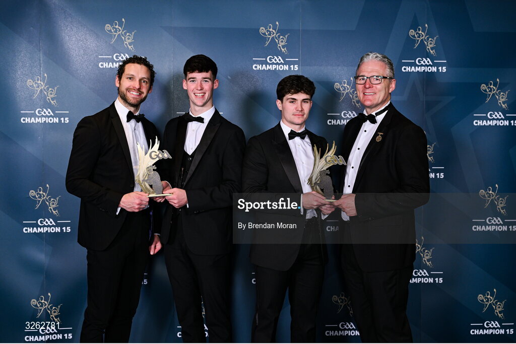 17 October 2025; Derry hurlers Ruairí Ó Mianáin, second from left, and Eamon Conway are presented with their 2025 Ring, Rackard, and Meagher Team of the Year awards by GPA Chief Executive Officer Tom Parsons, left, and Uachtarán Chumann Lúthchleas Gael Jarlath Burns, right, during the GAA Champion 15 Awards ceremony at Croke Park in Dublin. Photo by Brendan Moran/Sportsfile