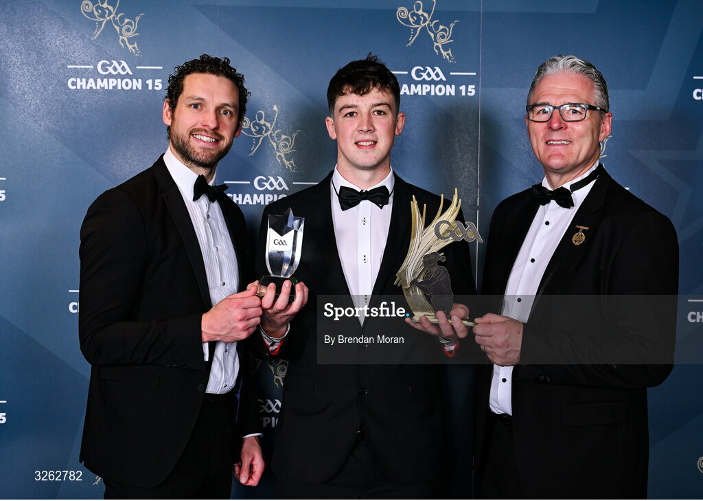 17 October 2025; Cavan hurler Liam O'Brien of Cavan is presented with his 2025 Ring, Rackard, and Meagher Team of the Year award and his Lory Meagher Cup Player of the Year award by GPA Chief Executive Officer Tom Parsons, left, and Uachtarán Chumann Lúthchleas Gael Jarlath Burns, right, during the GAA Champion 15 Awards ceremony at Croke Park in Dublin. Photo by Brendan Moran/Sportsfile